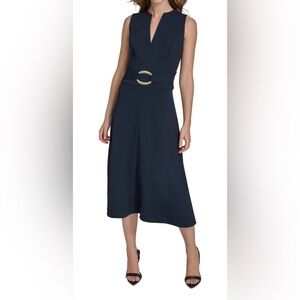 Halston Women's Navy Split Neck Sleeveless A-Line Midi Dress